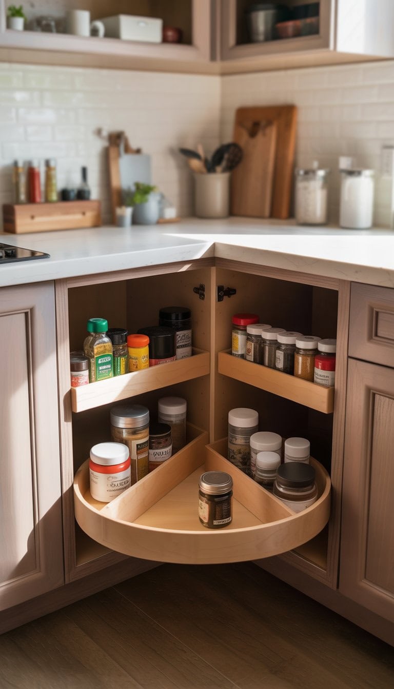 Open kitchen cabinet corner with a lazy Susan holding spices and jars for easy access.