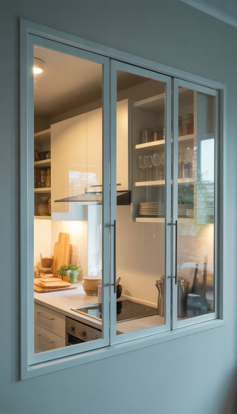 Small kitchen with clear glass-front cabinets showing dishes inside, bright and well-organized space.
