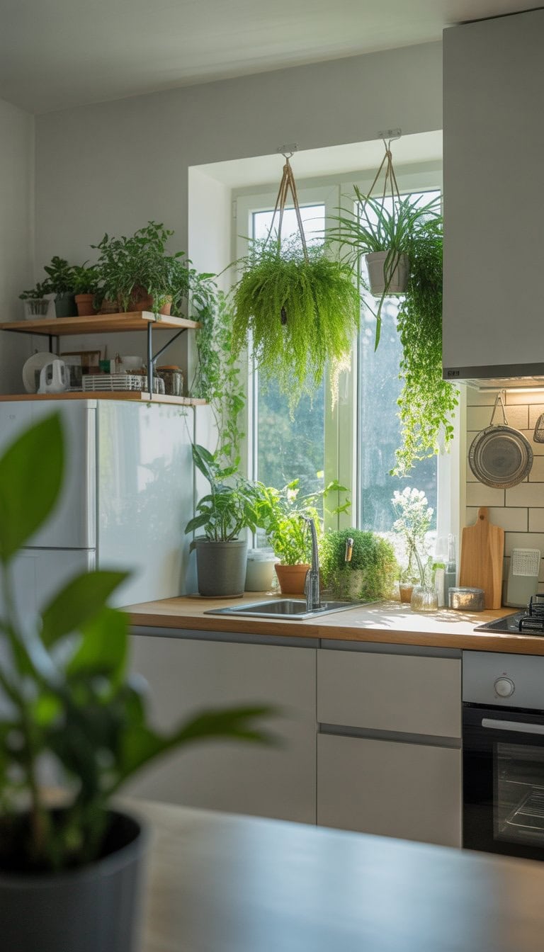 A small kitchen with hanging plants near a window and on shelves, brightened by natural sunlight.