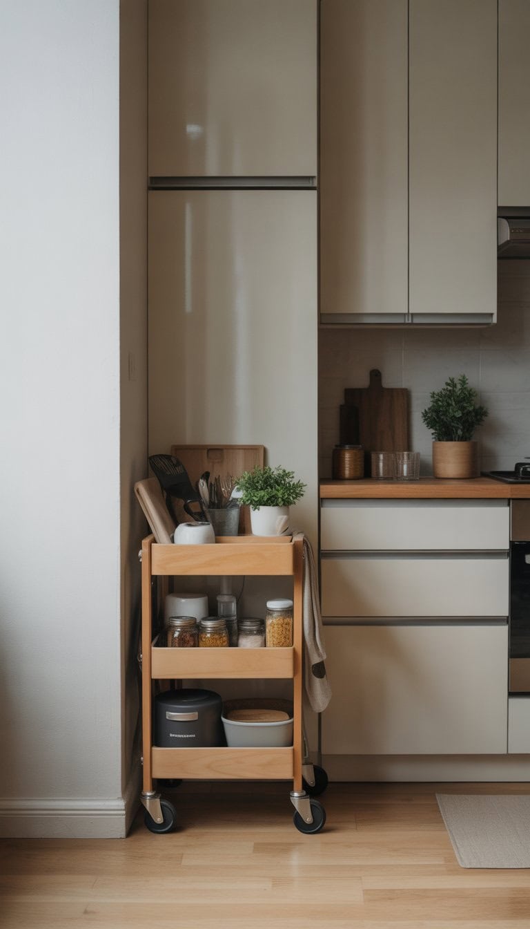 A small utility cart with wheels placed in the corner of a compact kitchen holding kitchen items.