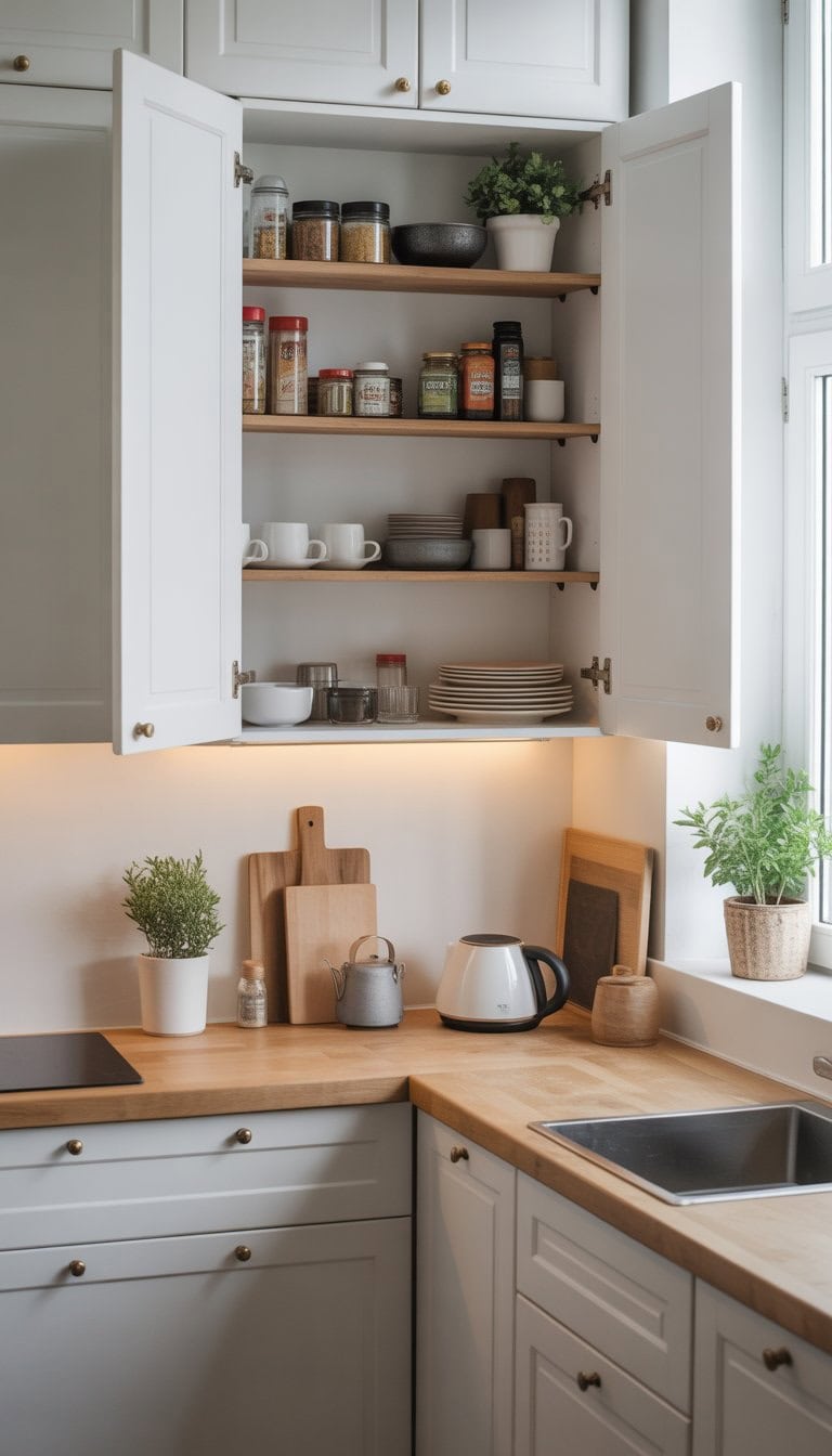 A small kitchen with open cabinets showing tiered shelves neatly organized with kitchen items to maximize storage space.