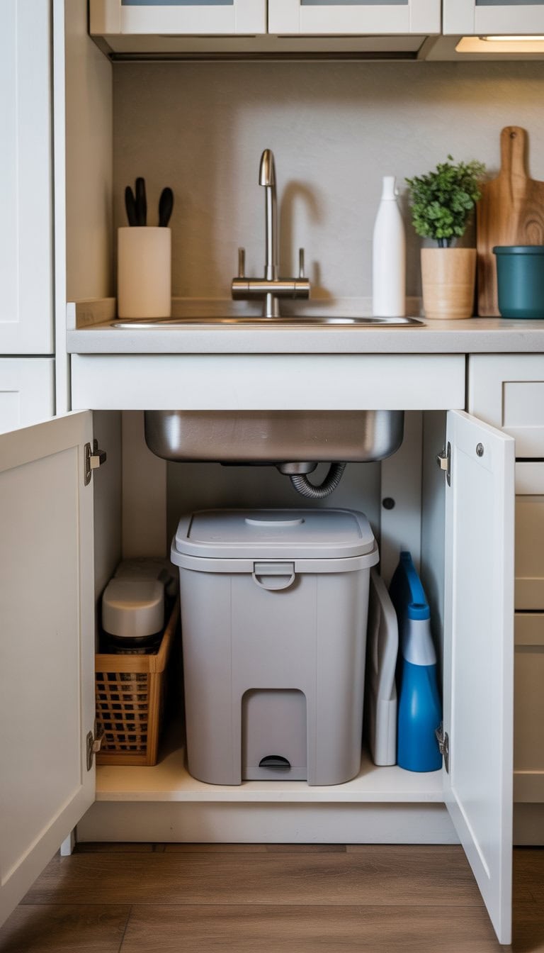 A small kitchen cabinet under the sink with a compact compost bin with a lid installed inside.