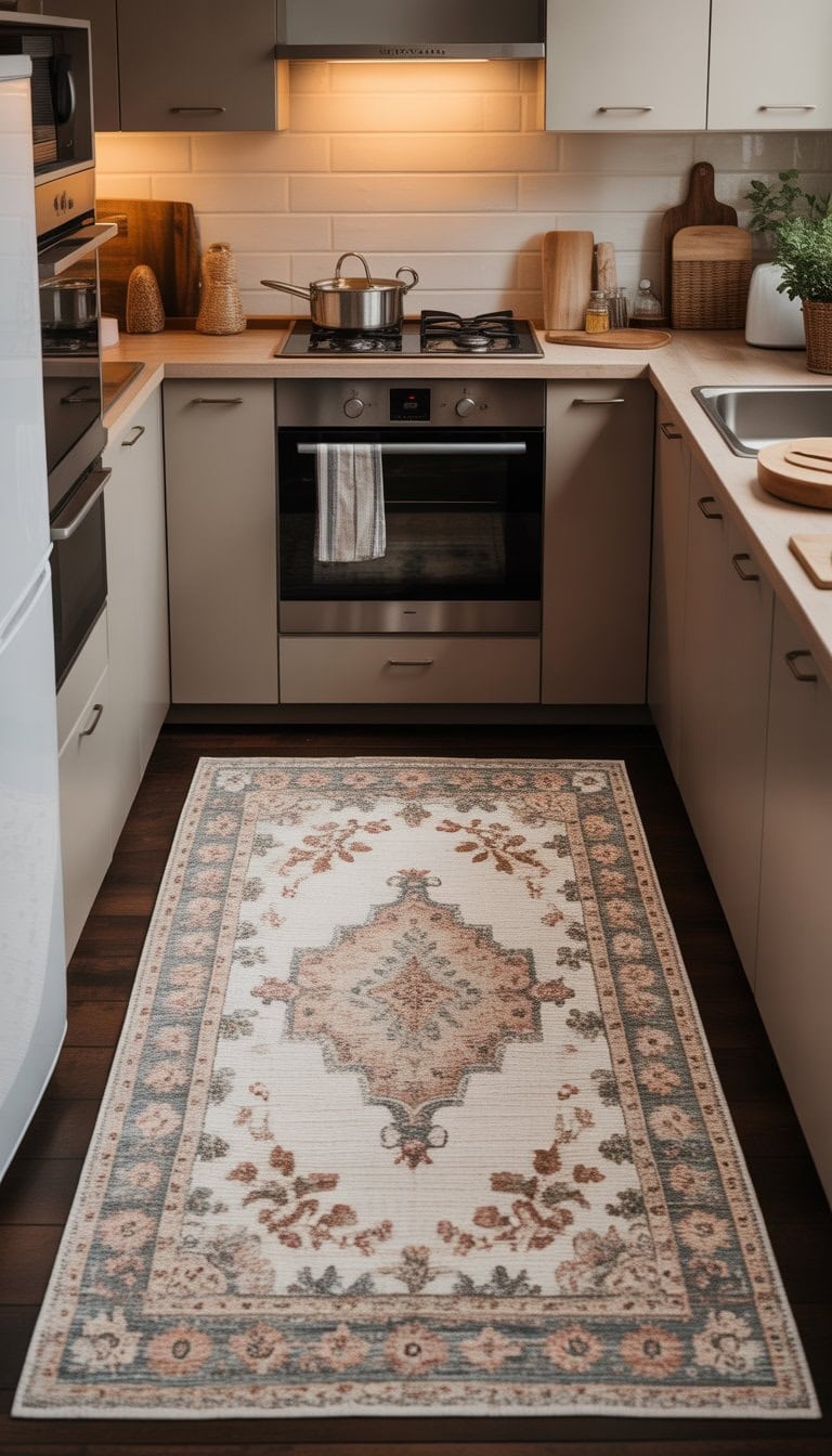 A small kitchen with a decorative rug defining the cooking area, clean countertops, and modern appliances.
