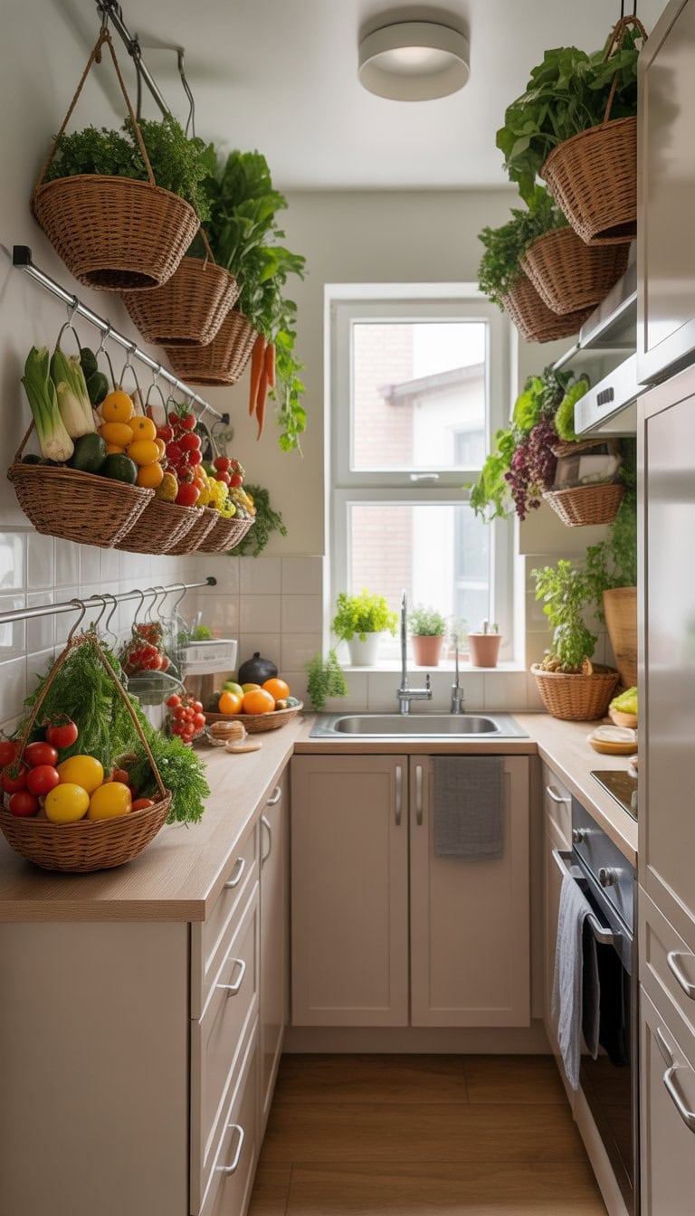 A small kitchen with hanging baskets filled with fresh fruits and vegetables suspended above the countertop.