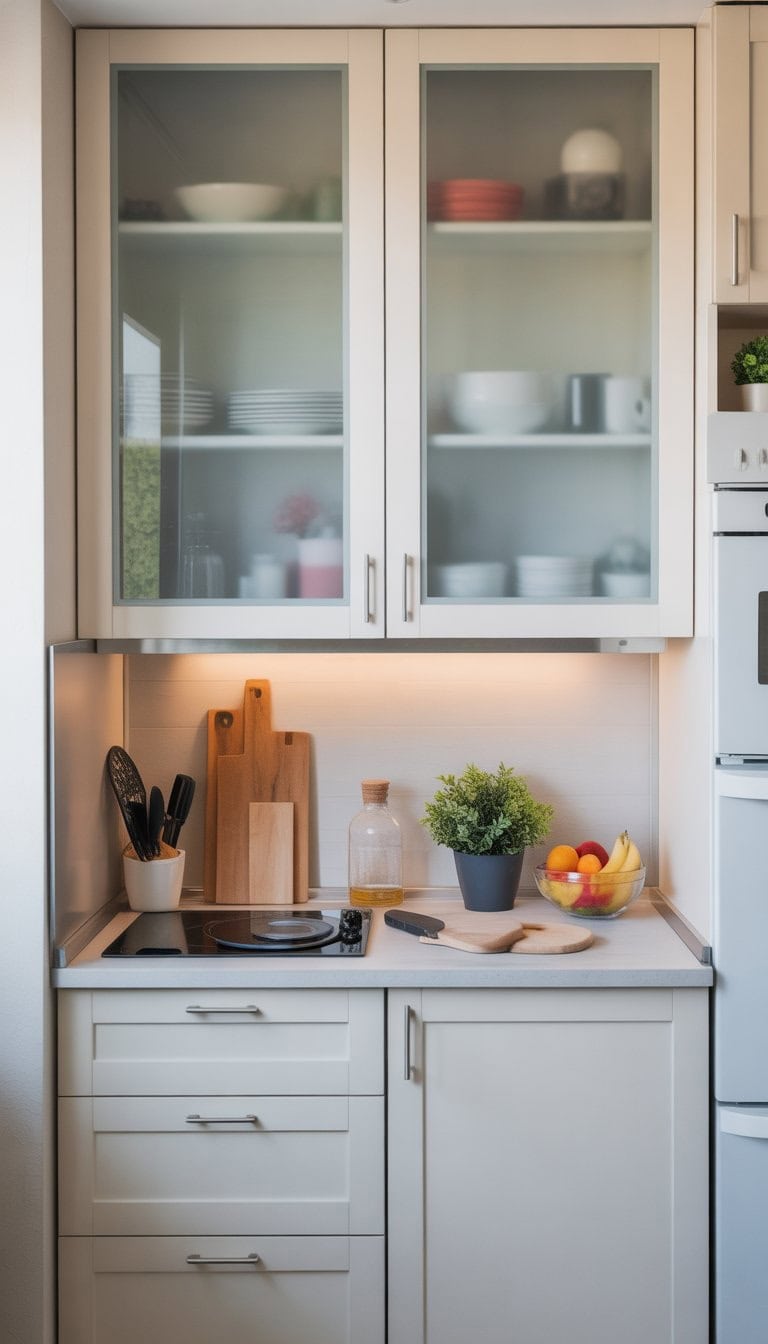 A small kitchen with white cabinets, frosted glass upper cabinet doors, a clean countertop with a plant and fruit bowl, and natural light coming in.