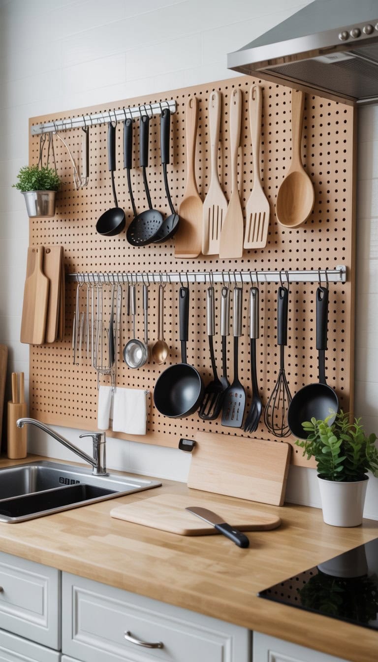 Small kitchen with a pegboard on the wall holding various hanging kitchen utensils above a clean countertop.
