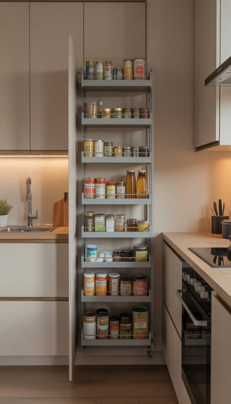 Slim pull-out pantry unit with canned goods in a small kitchen