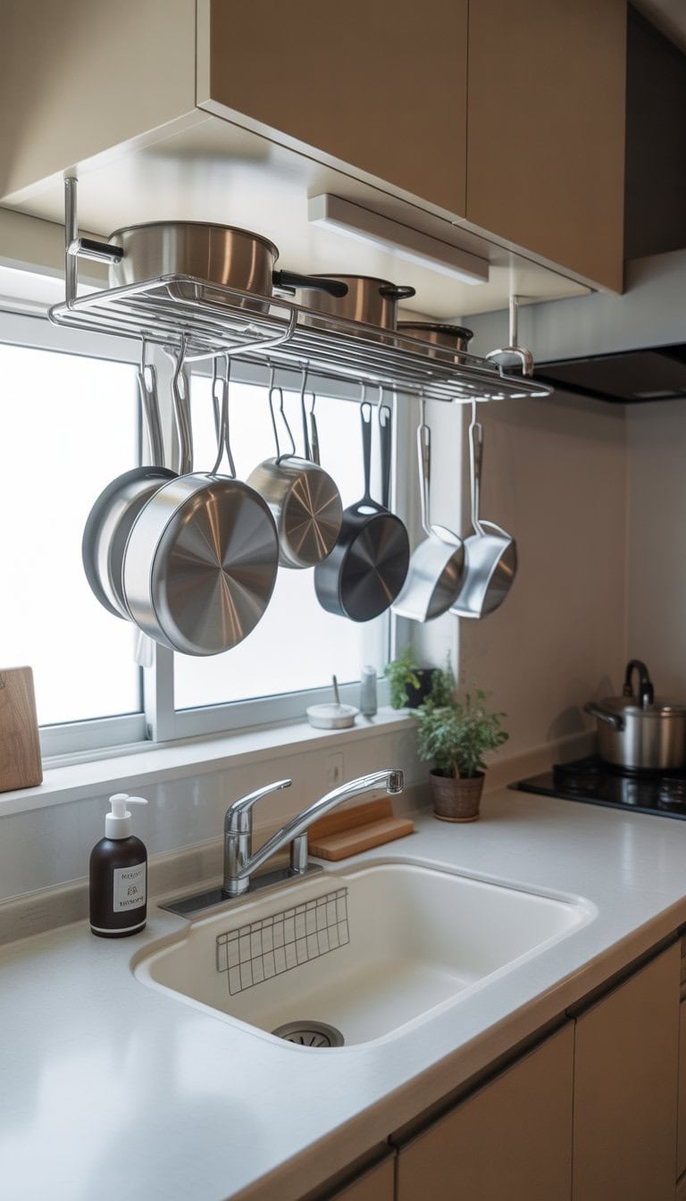 A small kitchen with a white sink and a pot rack mounted above it holding pots and pans.