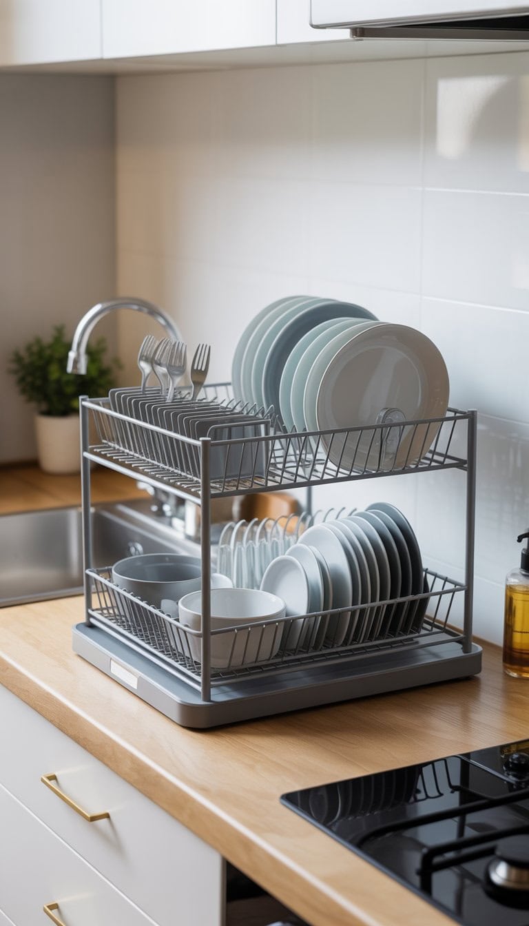 A small kitchen countertop with a two-tiered dish drying rack holding clean dishes and utensils beside a sink.