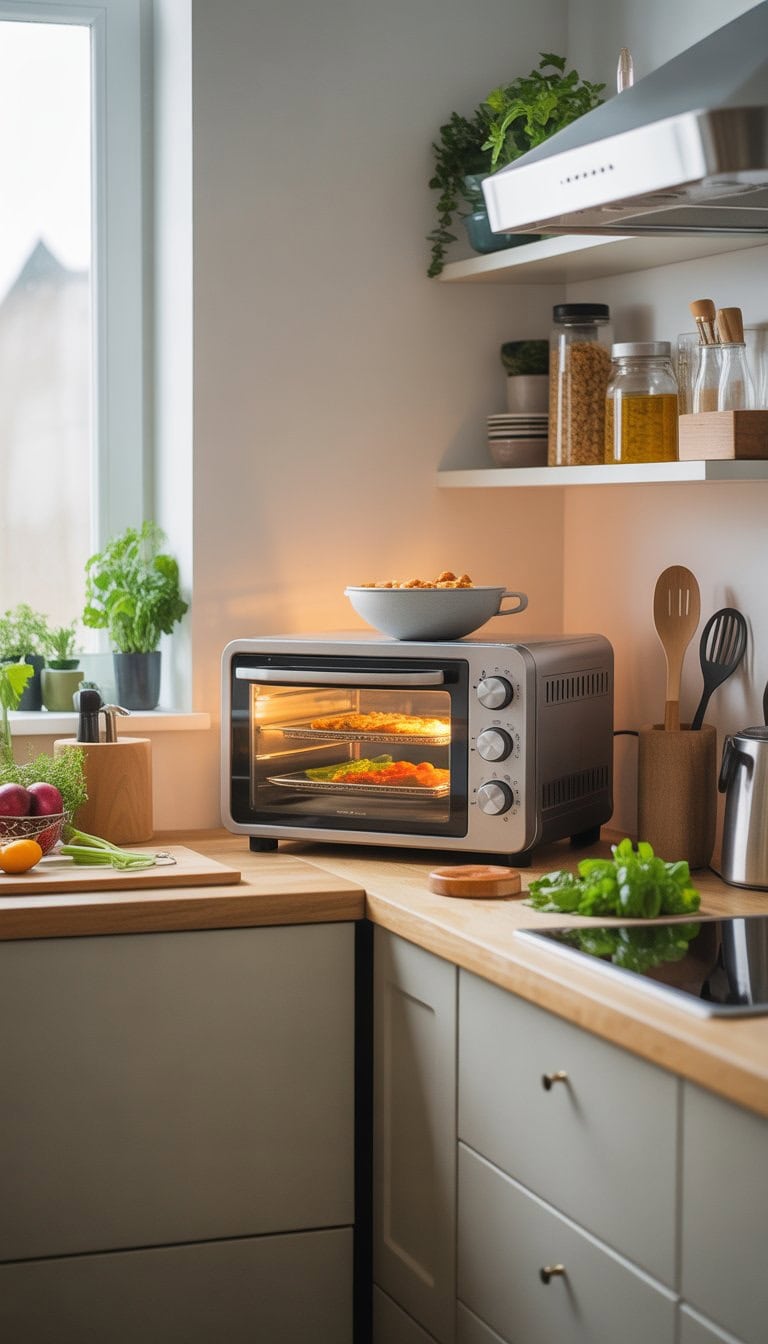 A small, tidy kitchen with a toaster oven that doubles as an air fryer on the countertop, surrounded by organized shelves and kitchen tools.