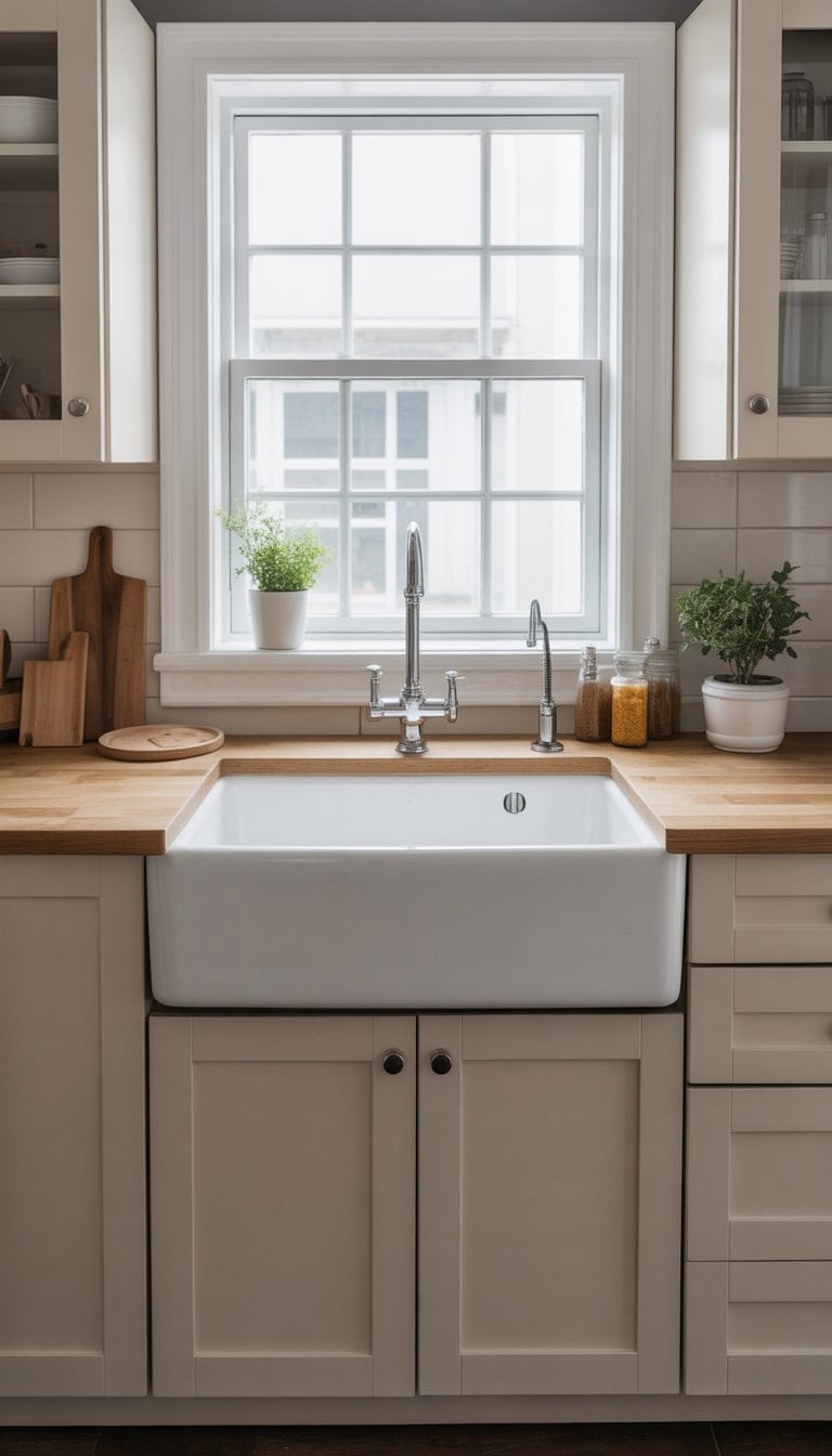 A small kitchen with a white single-bowl farmhouse sink under a window, surrounded by light cabinets and clean countertops.