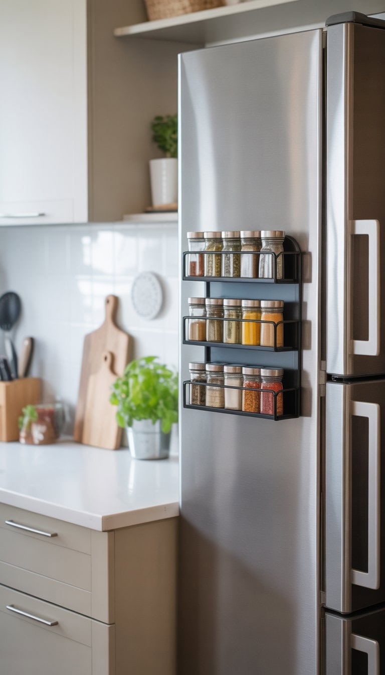 Small magnetic spice rack attached to the side of a stainless steel refrigerator in a bright, modern kitchen.