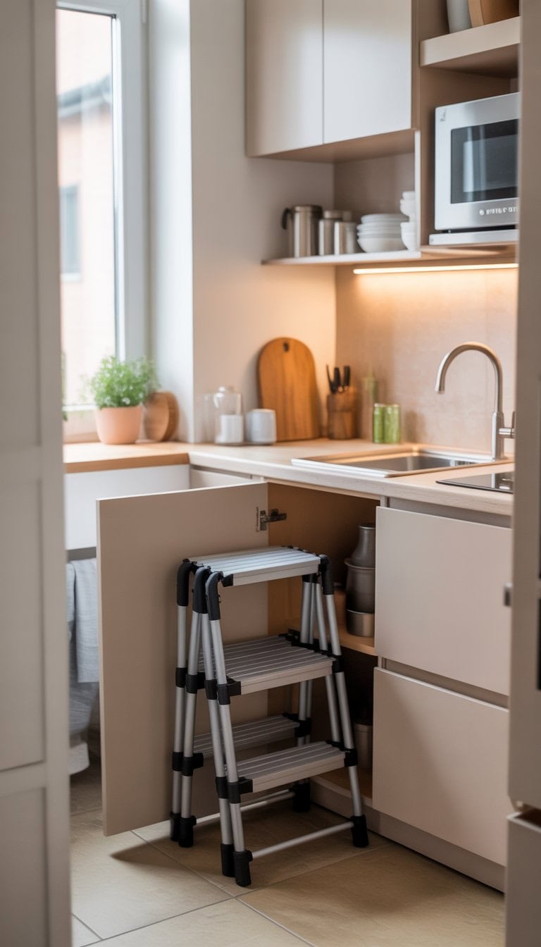 A small kitchen with a foldable step stool tucked away neatly, showing efficient use of space and organized storage.