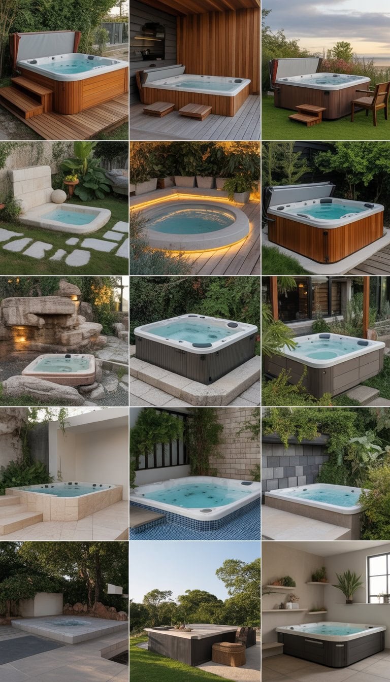 Outdoor scene showing 15 different hot tubs with various surround designs made of wood, stone, tile, and concrete, each set in a landscaped area with plants and outdoor furniture.