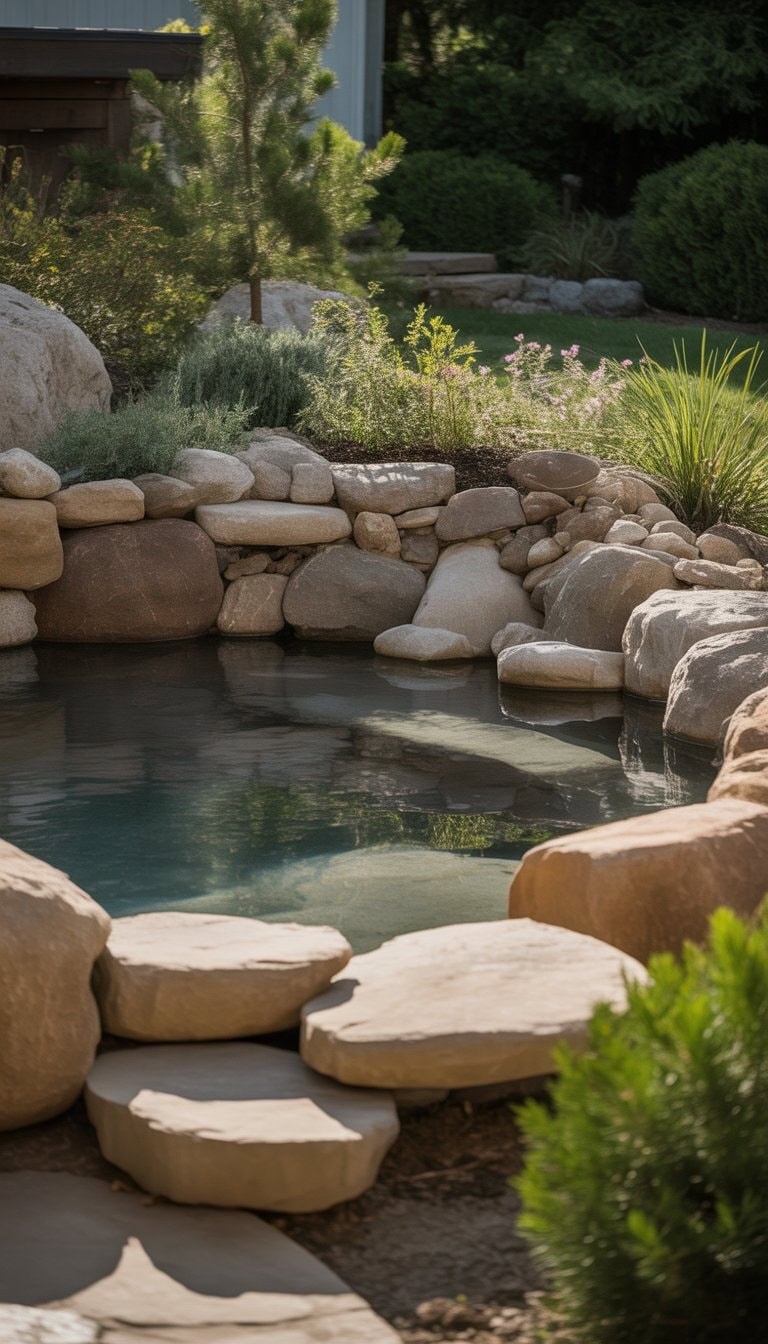 An outdoor hot tub surrounded by a natural stone enclosure made of large boulders and landscaping rocks, with greenery and plants around it.