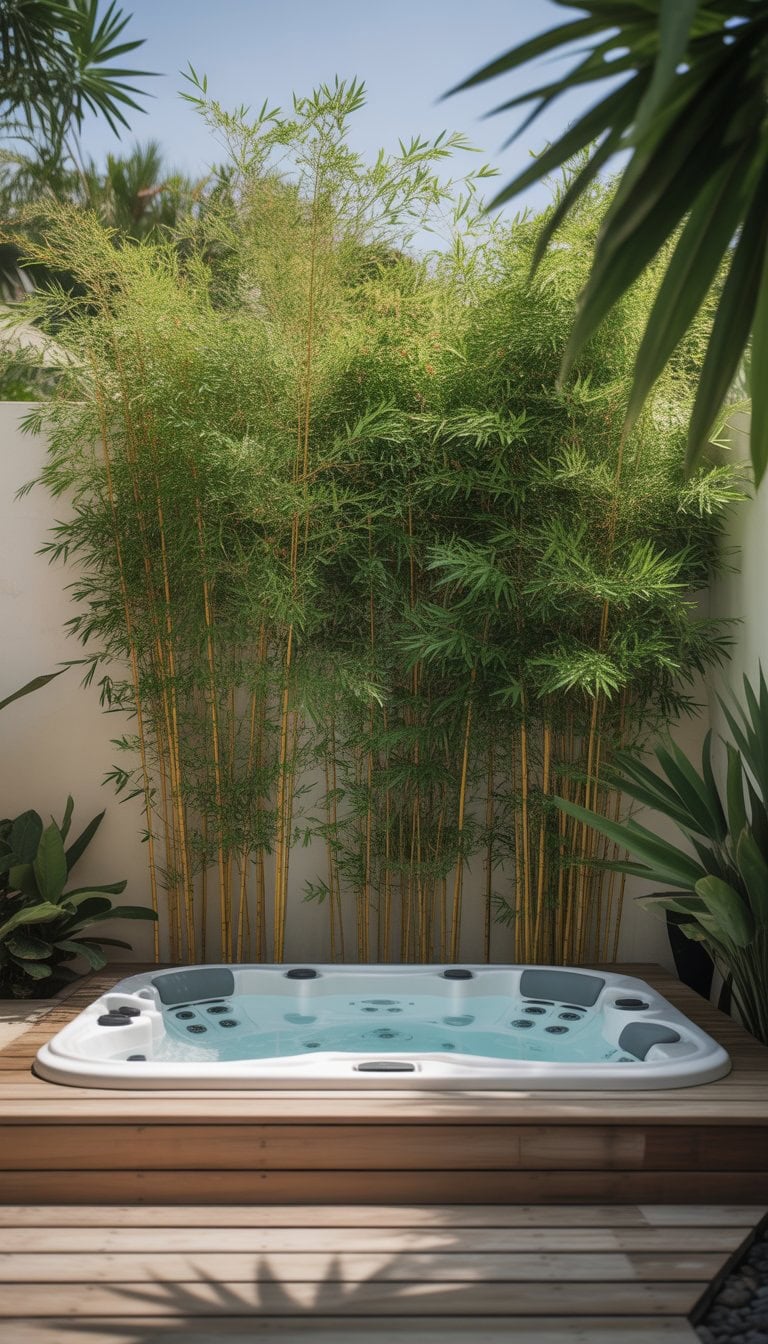 Outdoor hot tub surrounded by tall green bamboo plants providing privacy on a wooden deck.
