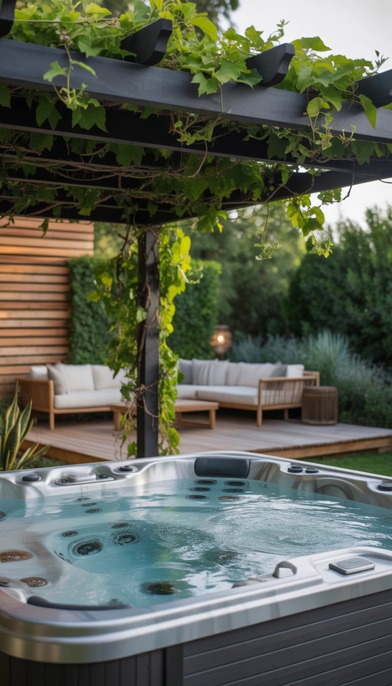 Outdoor hot tub surrounded by a wooden deck with a pergola covered in green climbing vines providing shade.
