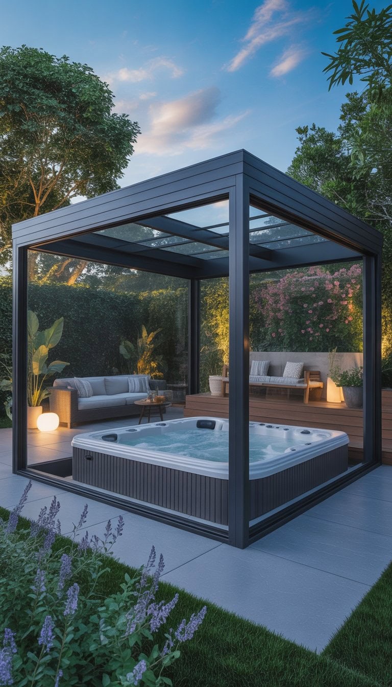 A backyard hot tub enclosed by a screened patio surrounded by plants and outdoor seating.