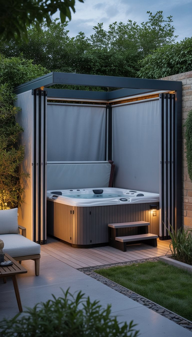 Outdoor hot tub surrounded by partially extended retractable vinyl privacy screens on a wooden deck with greenery.