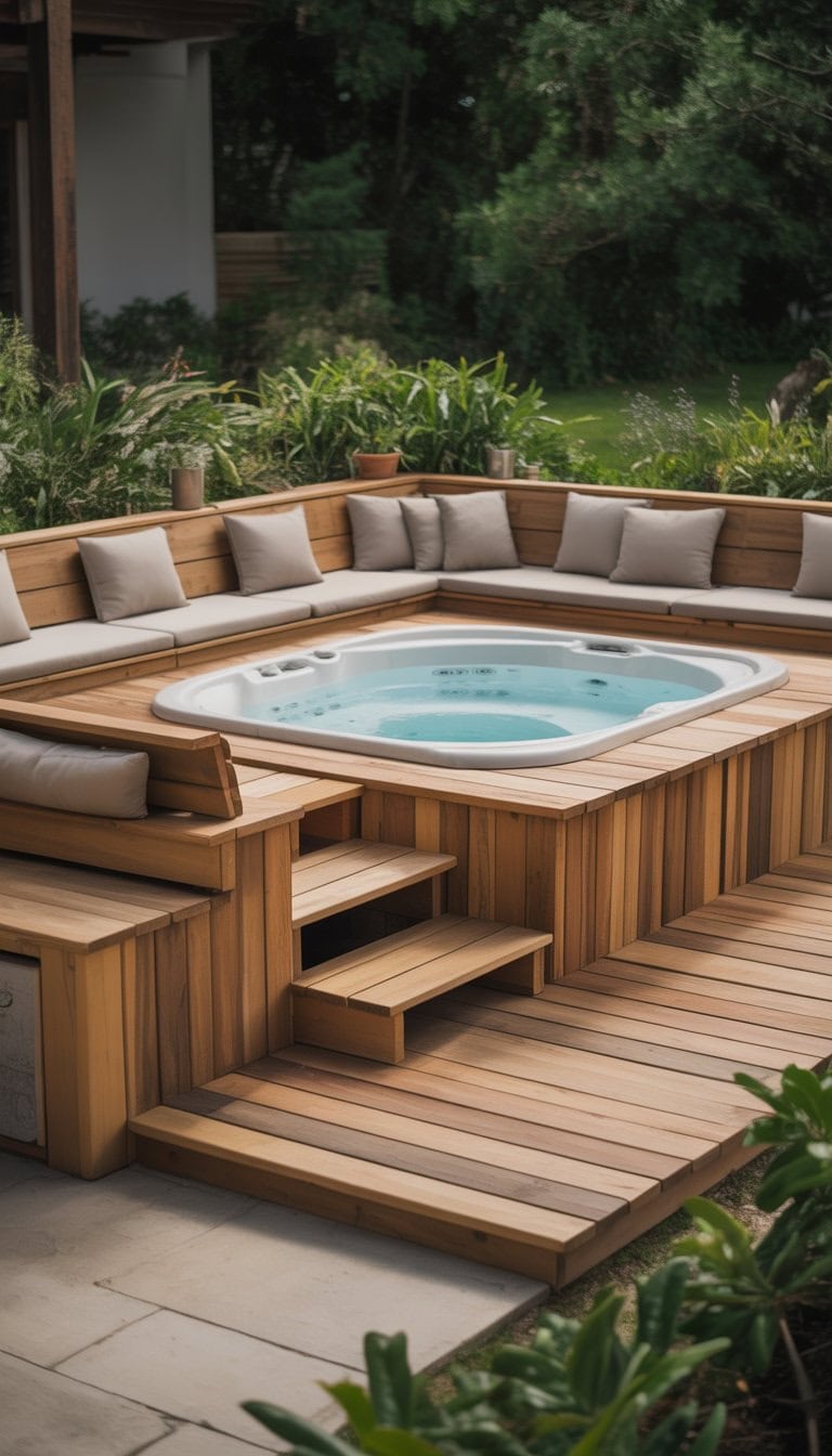 Outdoor wooden deck surrounding a hot tub with built-in seating and storage compartments, surrounded by plants.