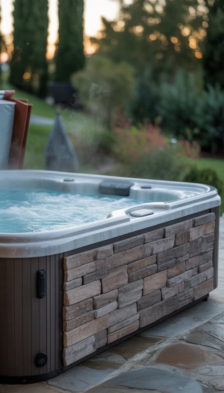 Outdoor hot tub surrounded by stone-like panels in a backyard with greenery and soft lighting.