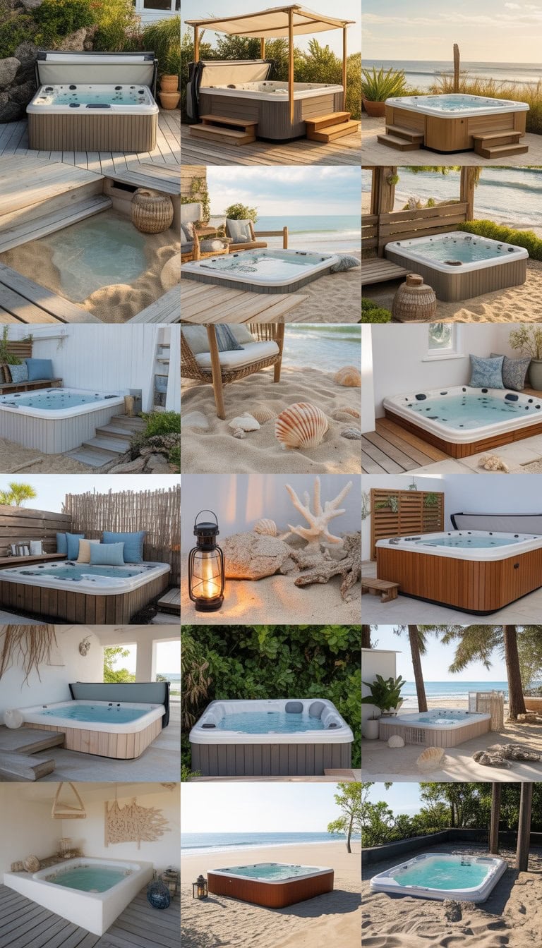 Outdoor hot tub area with various beach-themed surrounds including sand, driftwood, seashells, and tropical plants under a clear sky.