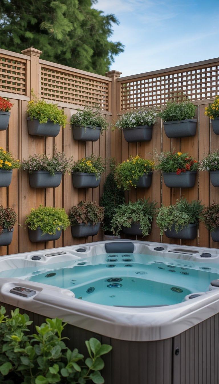Backyard hot tub surrounded by a wooden privacy fence with lattice panels and hanging planters filled with plants and flowers.
