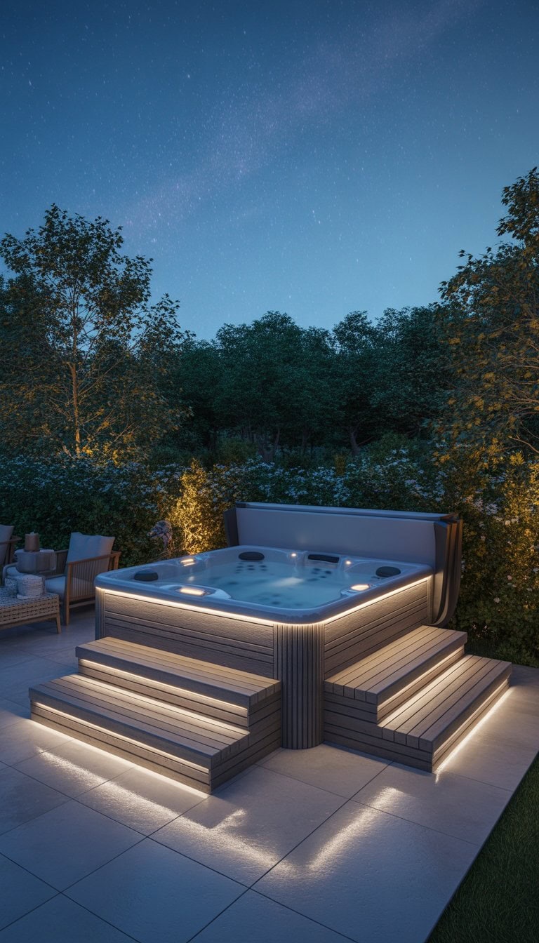 A nighttime outdoor hot tub surrounded by a wooden deck with colorful LED lights creating a warm and inviting atmosphere.