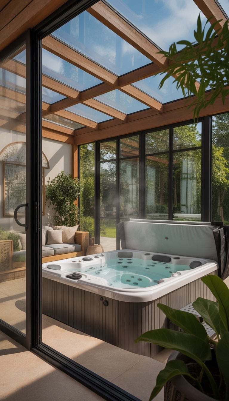 A hot tub enclosed in a glass sunroom surrounded by plants and outdoor seating, with a garden visible through the windows.