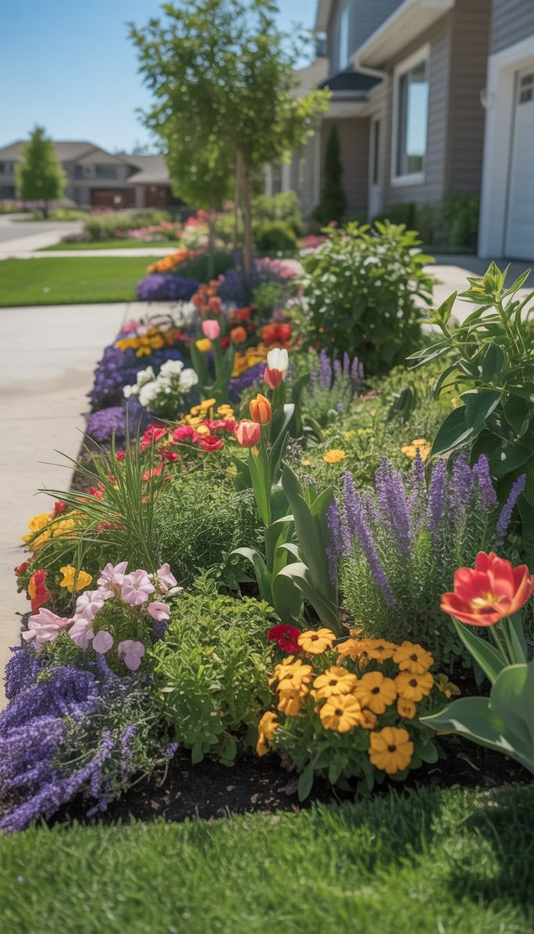A colorful front flower bed with various blooming flowers and green plants in front of a suburban house.