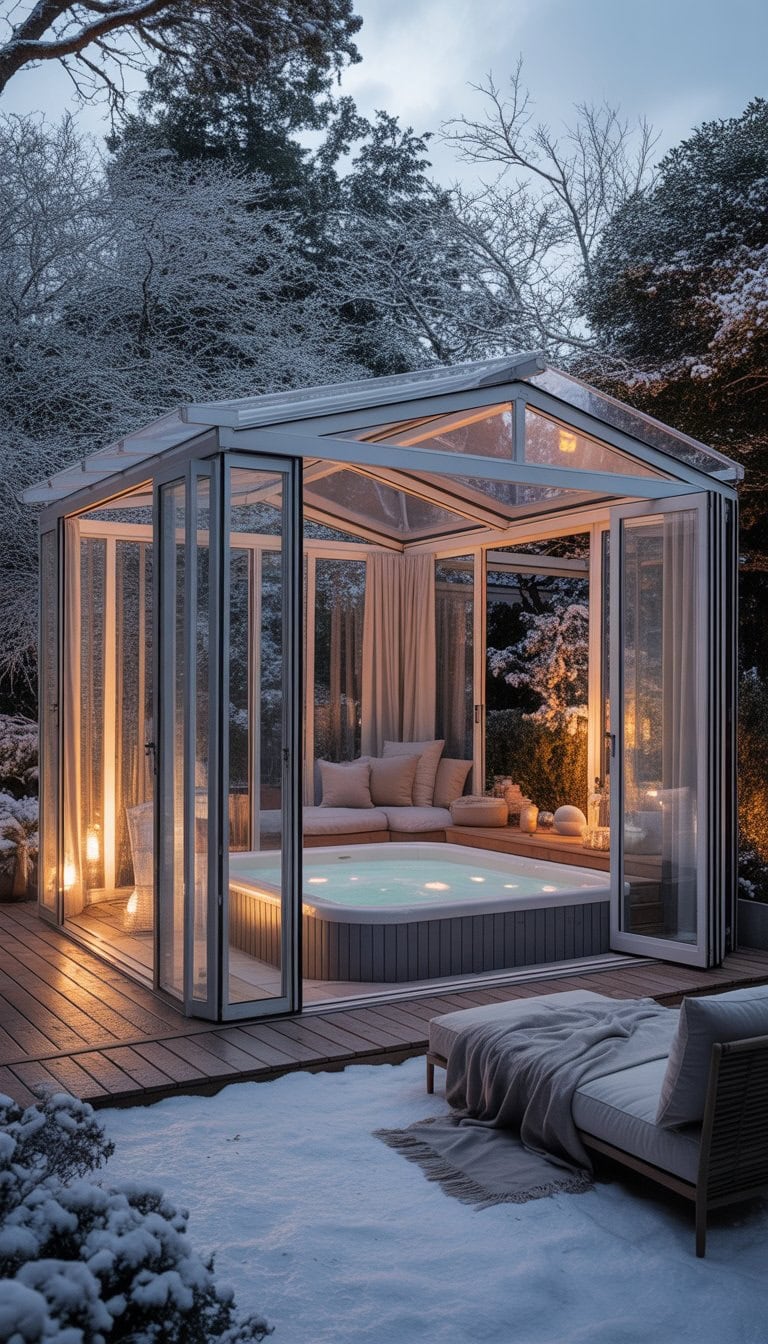An outdoor hot tub surrounded by a clear-panel solarium with wooden decking and winter trees in the background.