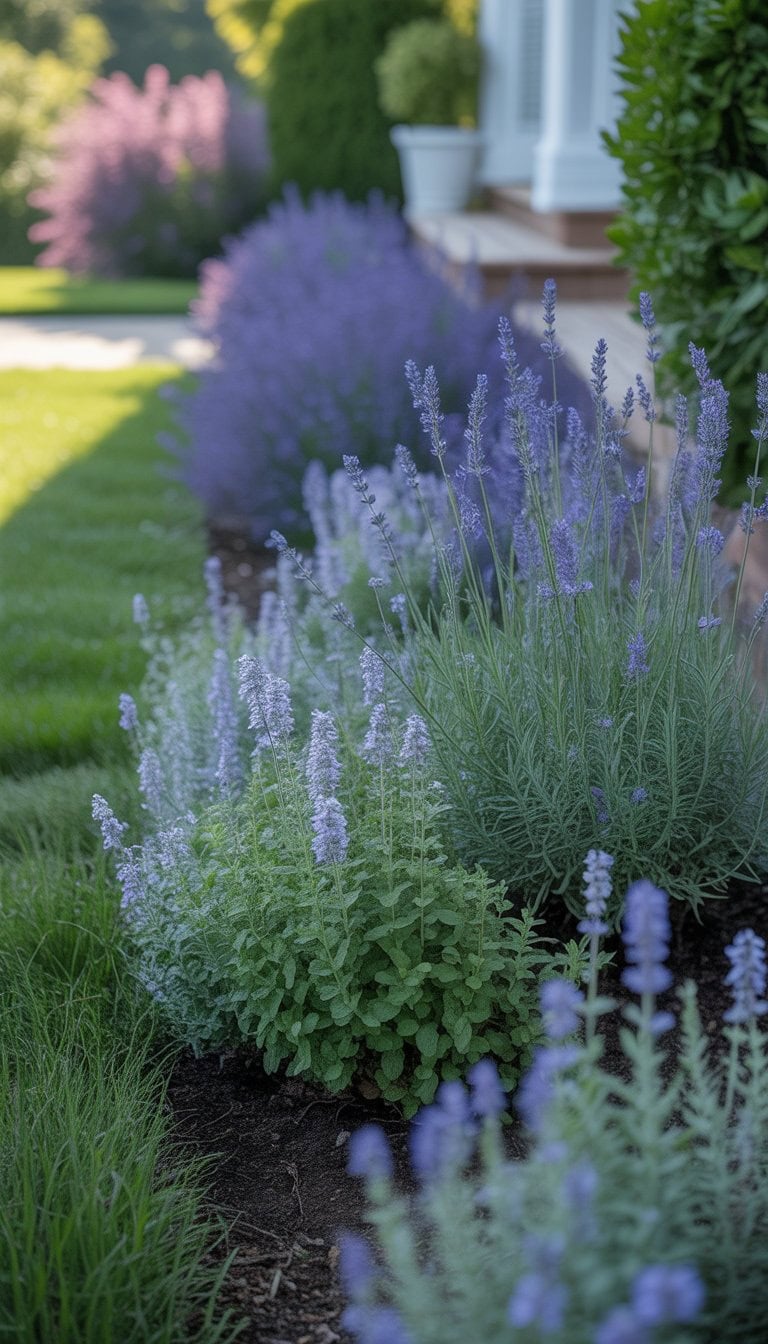 A front flower bed with blooming lavender and catmint plants in a garden setting with a pathway and lawn.