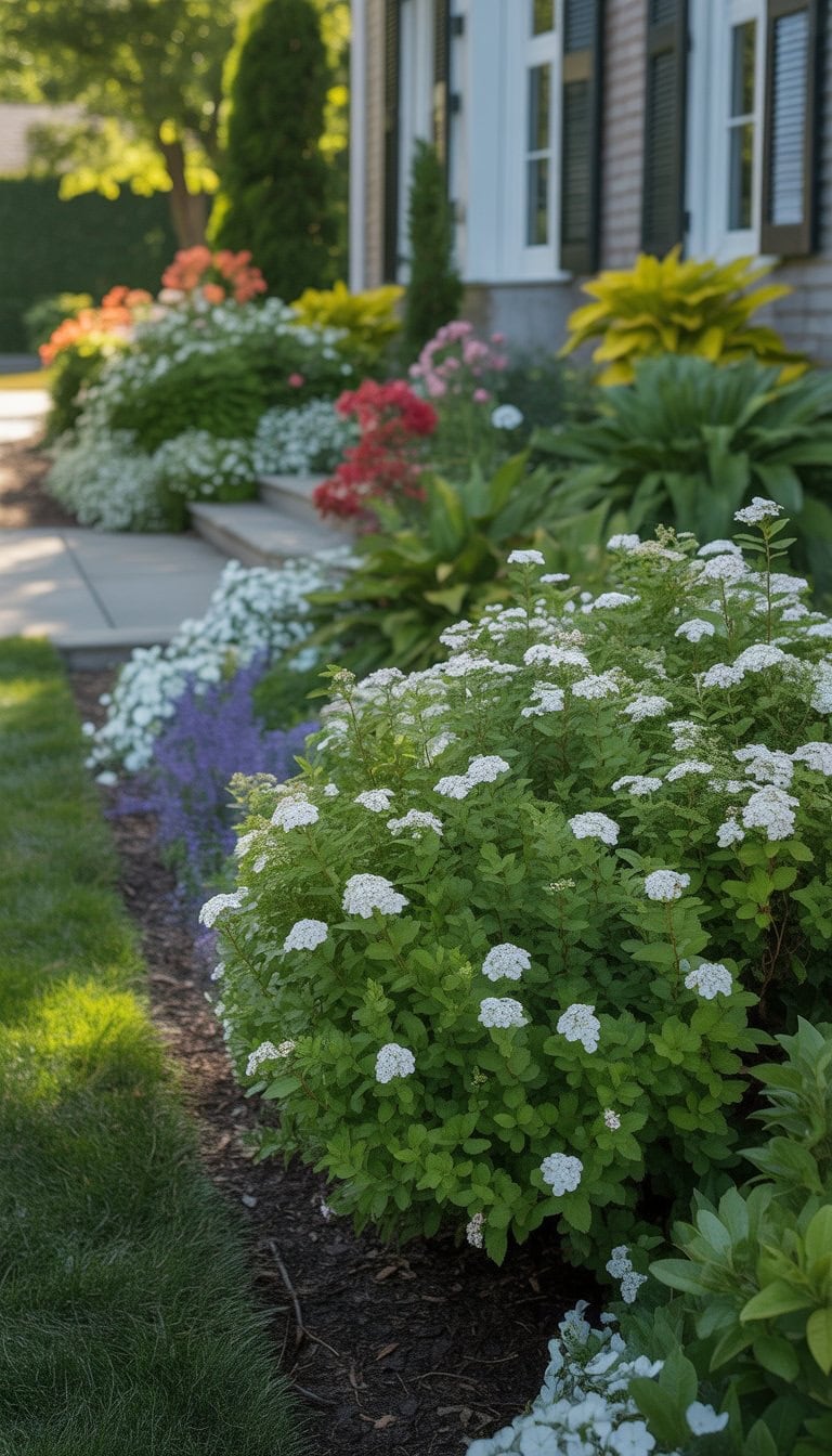A front flower bed with white spirea bushes and green plants in front of a house.