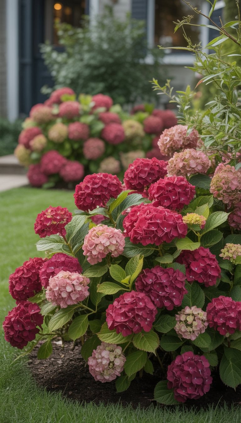 A front flower bed filled with vibrant wine-colored and rose hydrangea flowers surrounded by green leaves, with a lawn and house in the background.