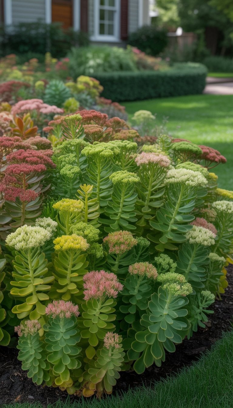 A front flower bed densely planted with clusters of green and pink sedum plants, bordered by a lawn and a house in the background.