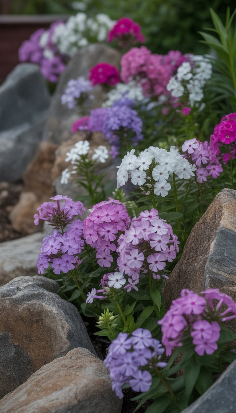 A front flower bed with colorful phlox flowers scattered among natural rocks.