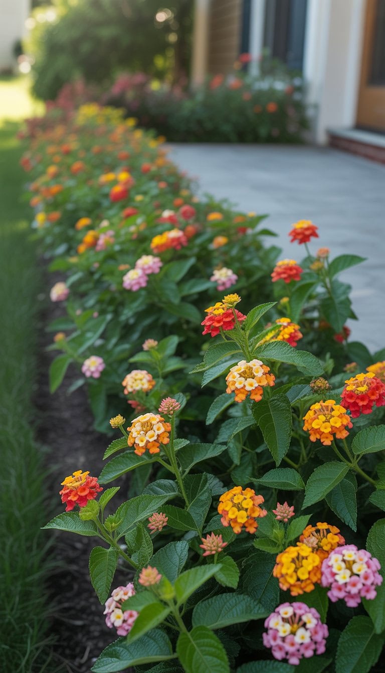A front flower bed filled with vibrant lantana plants blooming in orange, yellow, pink, and red colors along a walkway in a residential garden.