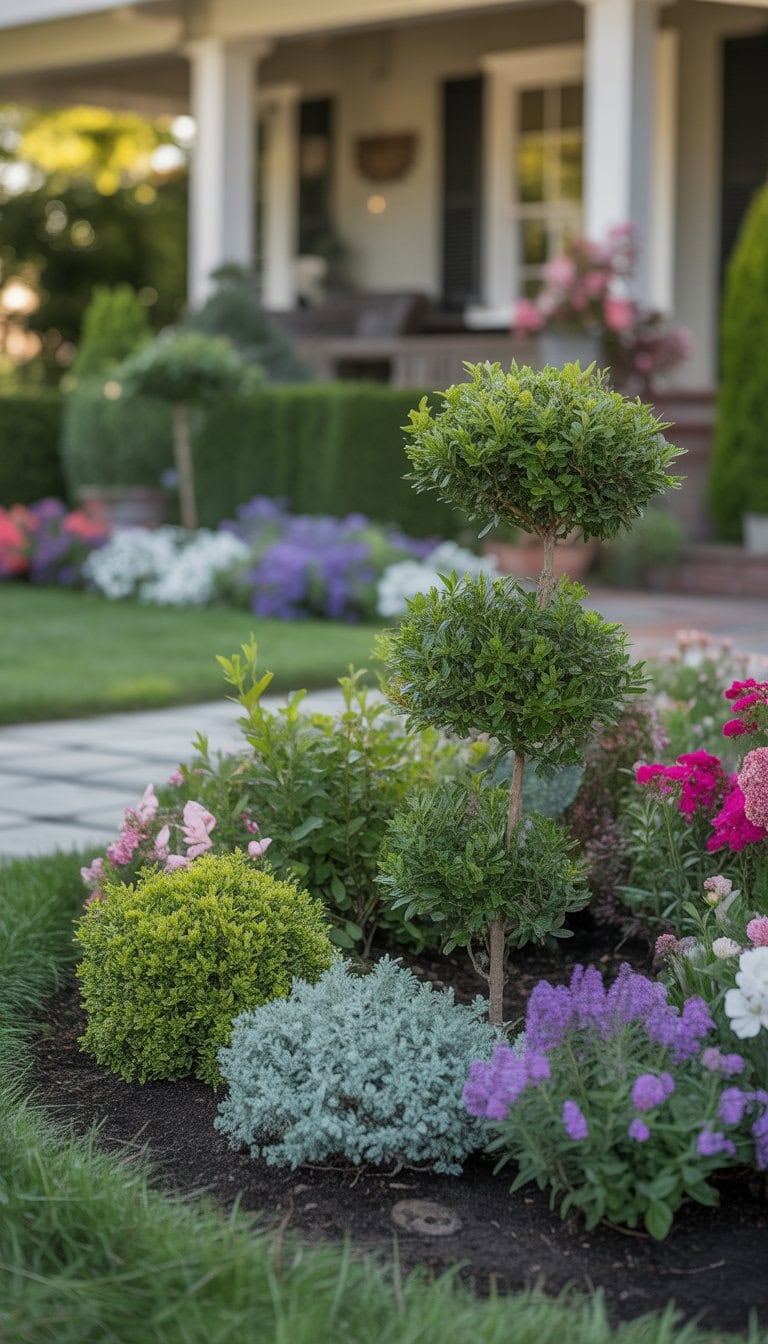 Front flower bed with small neatly arranged shrubs and colorful flowering plants in front of a house.