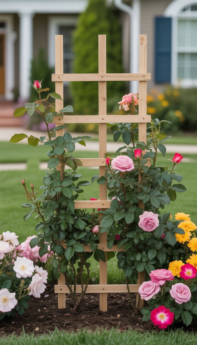 A person installing a wooden trellis with climbing roses in a front flower bed surrounded by other colorful flowers in a suburban yard.