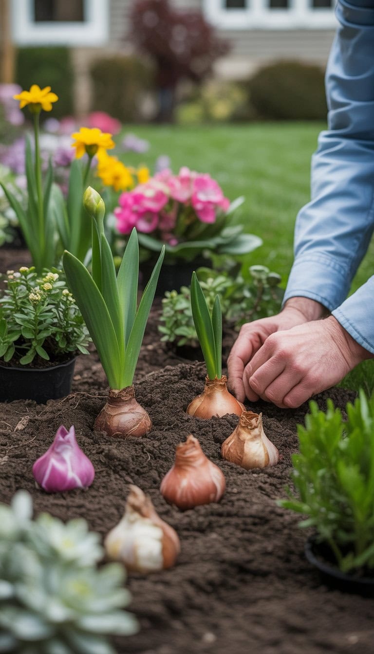 A person planting perennial bulbs in a front flower bed with various flowers and green plants around.