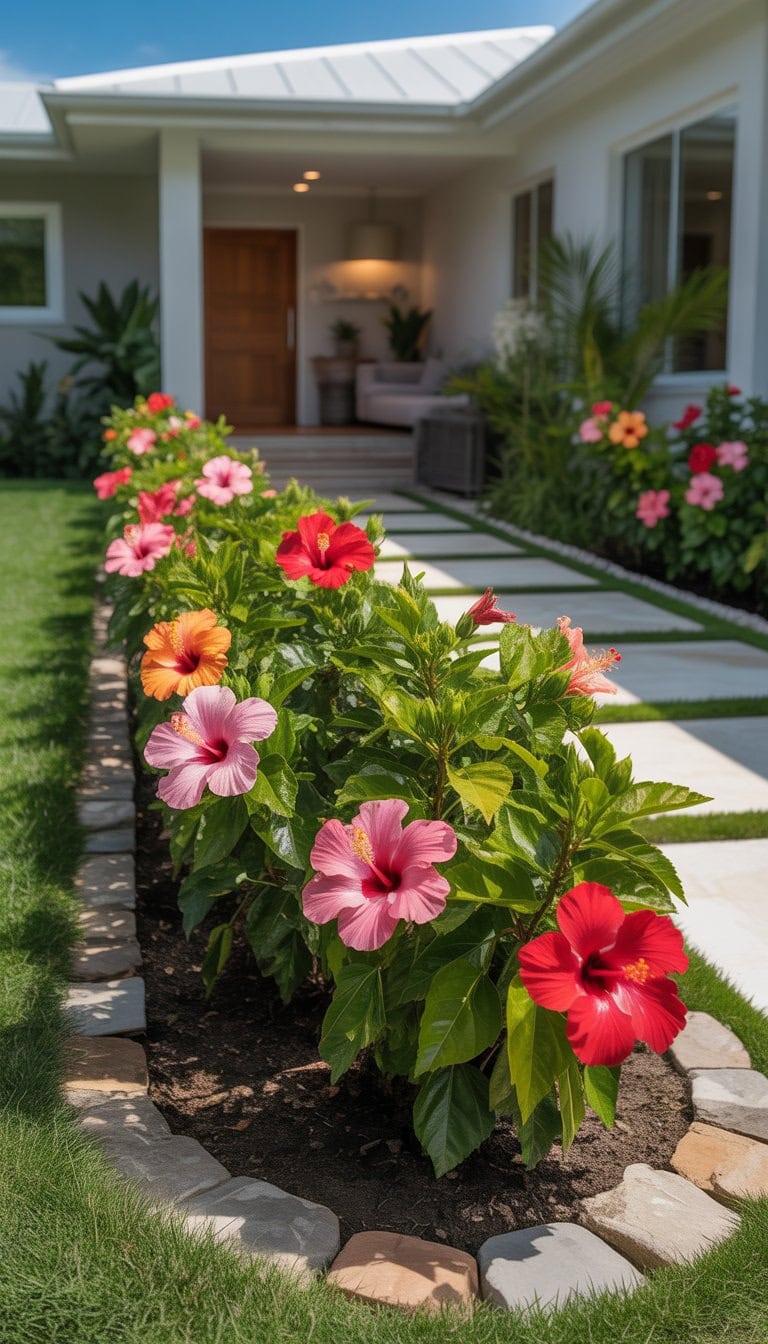 Front yard flower bed with colorful tropical hibiscus plants blooming along a walkway leading to a house entrance.
