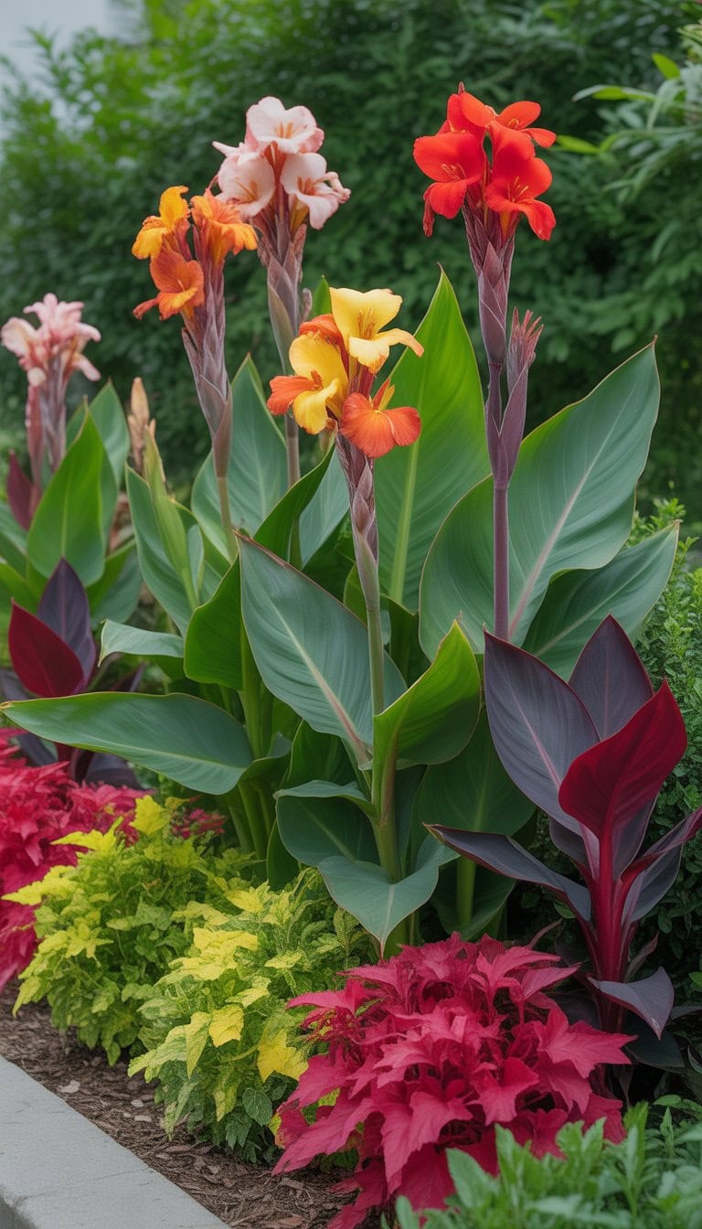 A front flower bed with tall canna lilies and colorful foliage plants in red, orange, yellow, purple, and green.