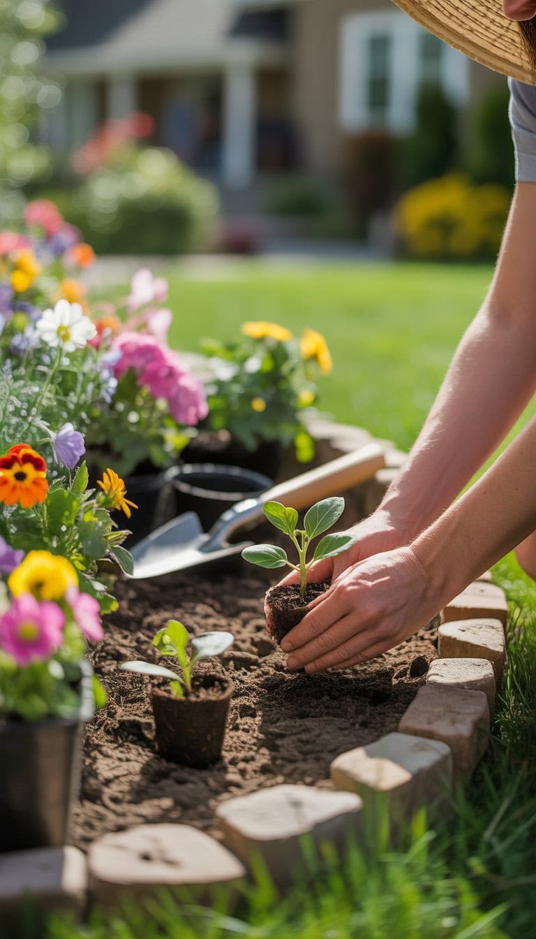 Hands planting young seedlings in a colorful front flower bed with various blooming flowers and gardening tools nearby.