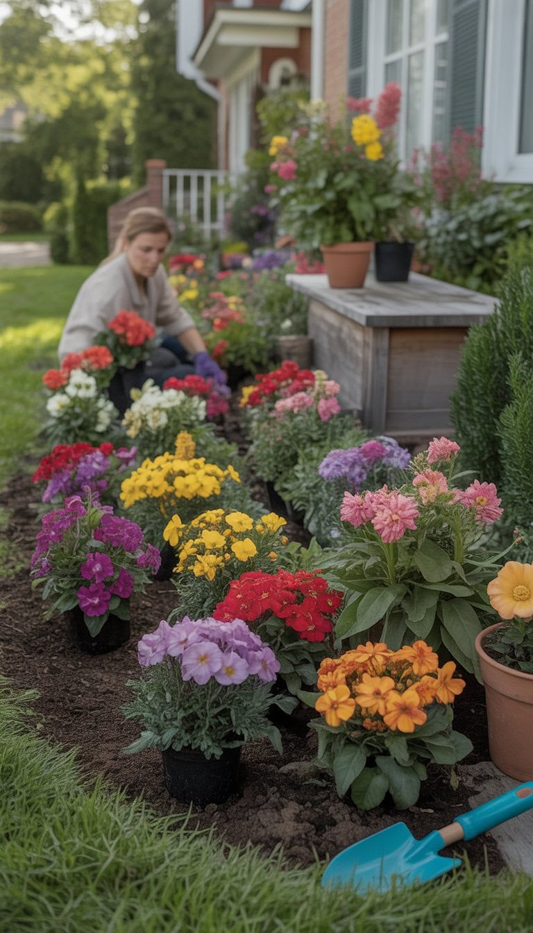 A colorful front flower bed being arranged with various blooming annual flowers in front of a house.
