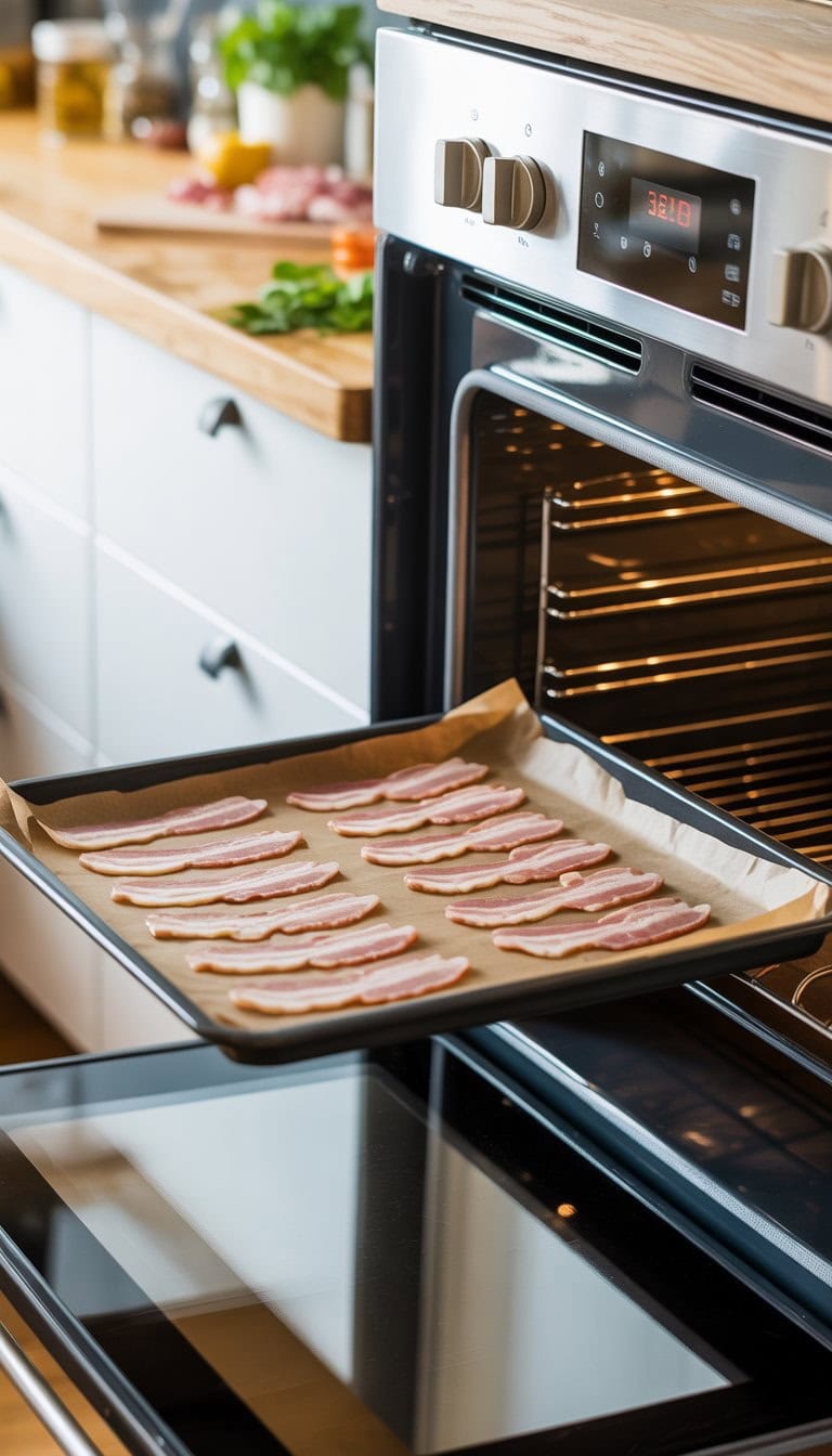 Raw bacon strips arranged on a baking sheet inside an open oven in a clean kitchen.