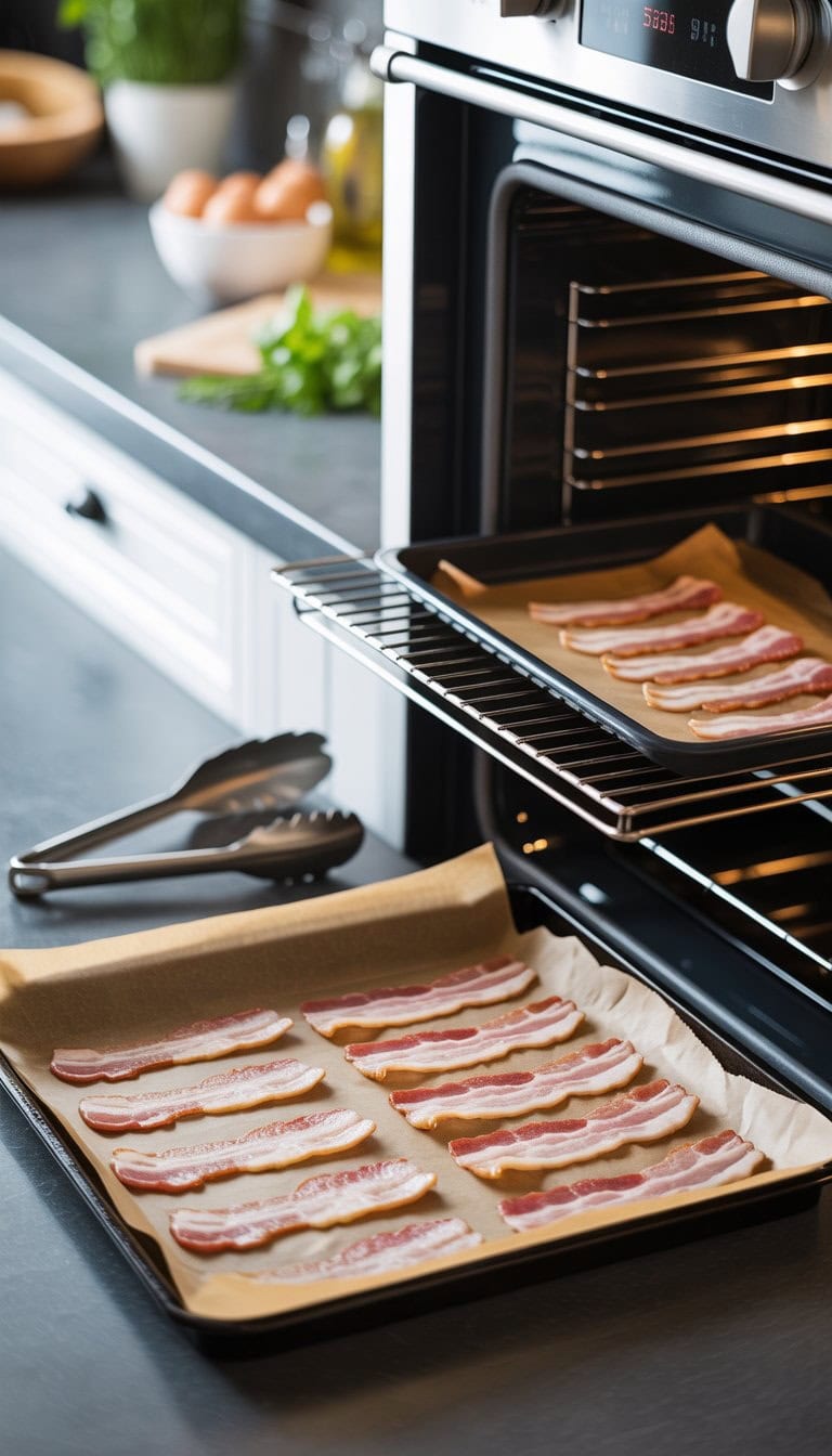 Baking sheet with raw bacon strips on parchment paper in a modern kitchen, ready to be cooked in the oven.