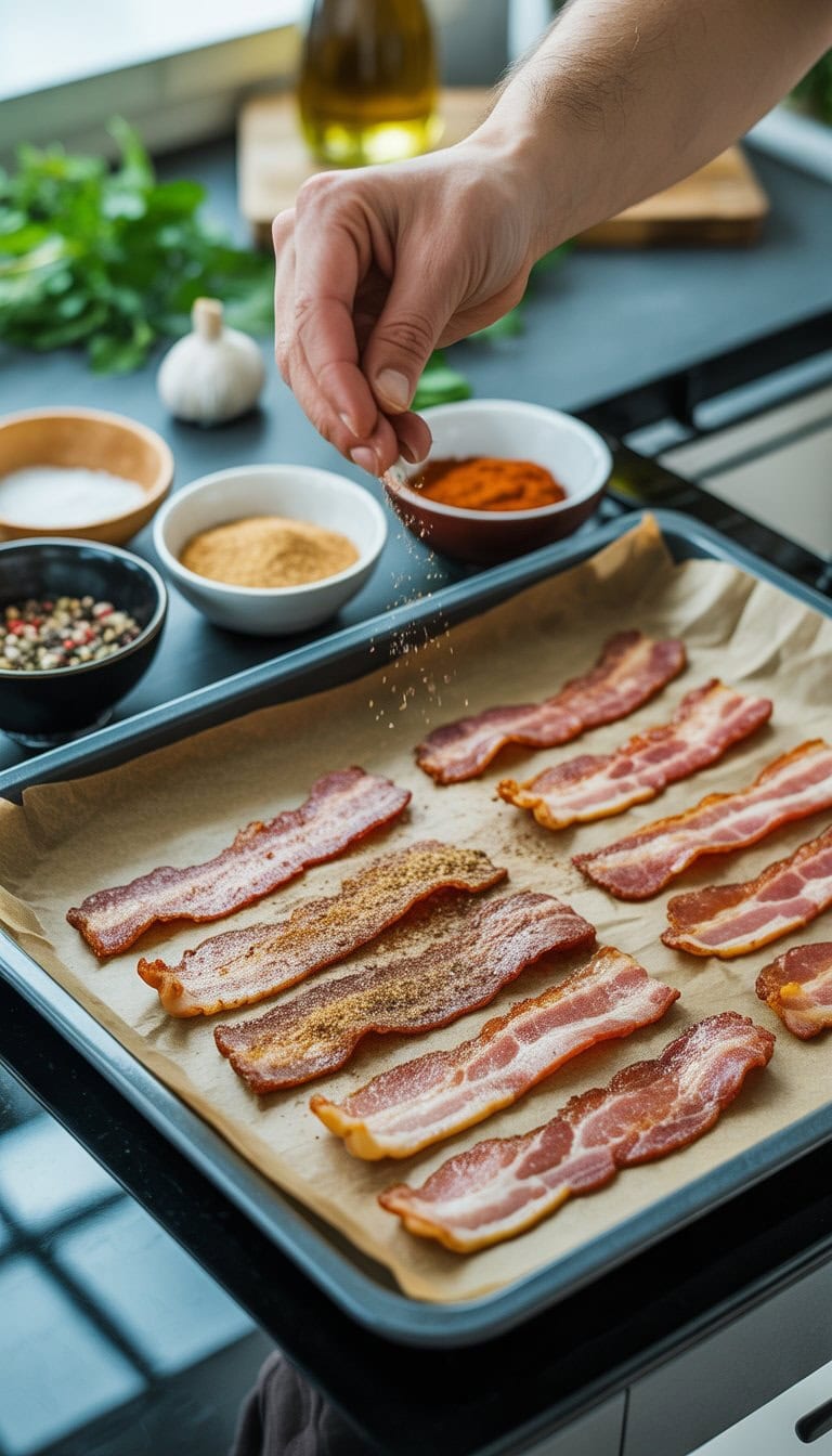Close-up of oven-baked bacon on a tray with small bowls of seasonings and hands sprinkling spices in a kitchen.