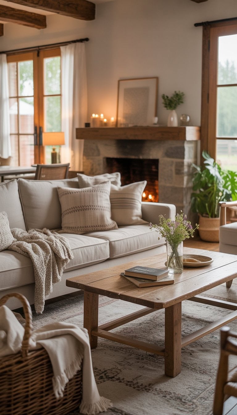 A cozy living room with a beige sofa, wooden coffee table, stone fireplace, and natural light coming through large windows.