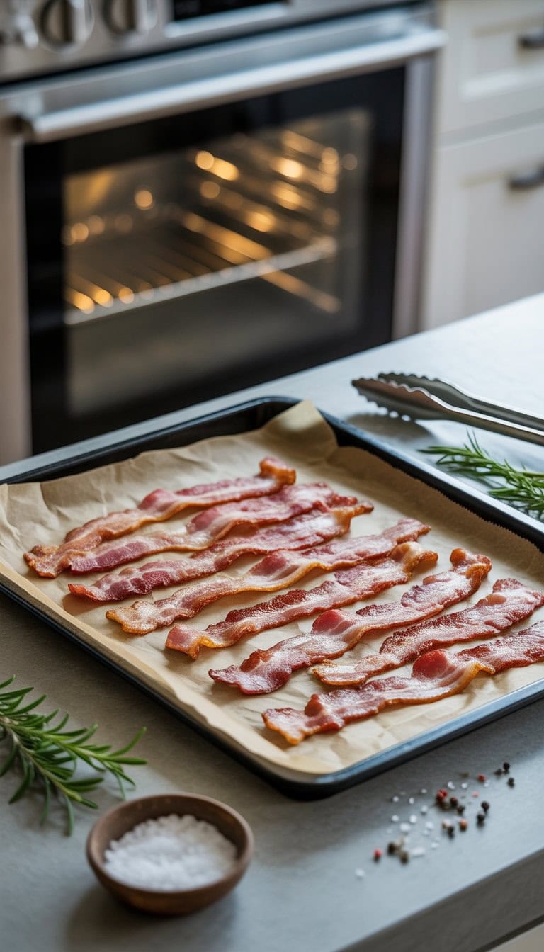 Oven-baked crispy bacon strips on a baking tray in a clean kitchen with fresh herbs and cooking utensils nearby.