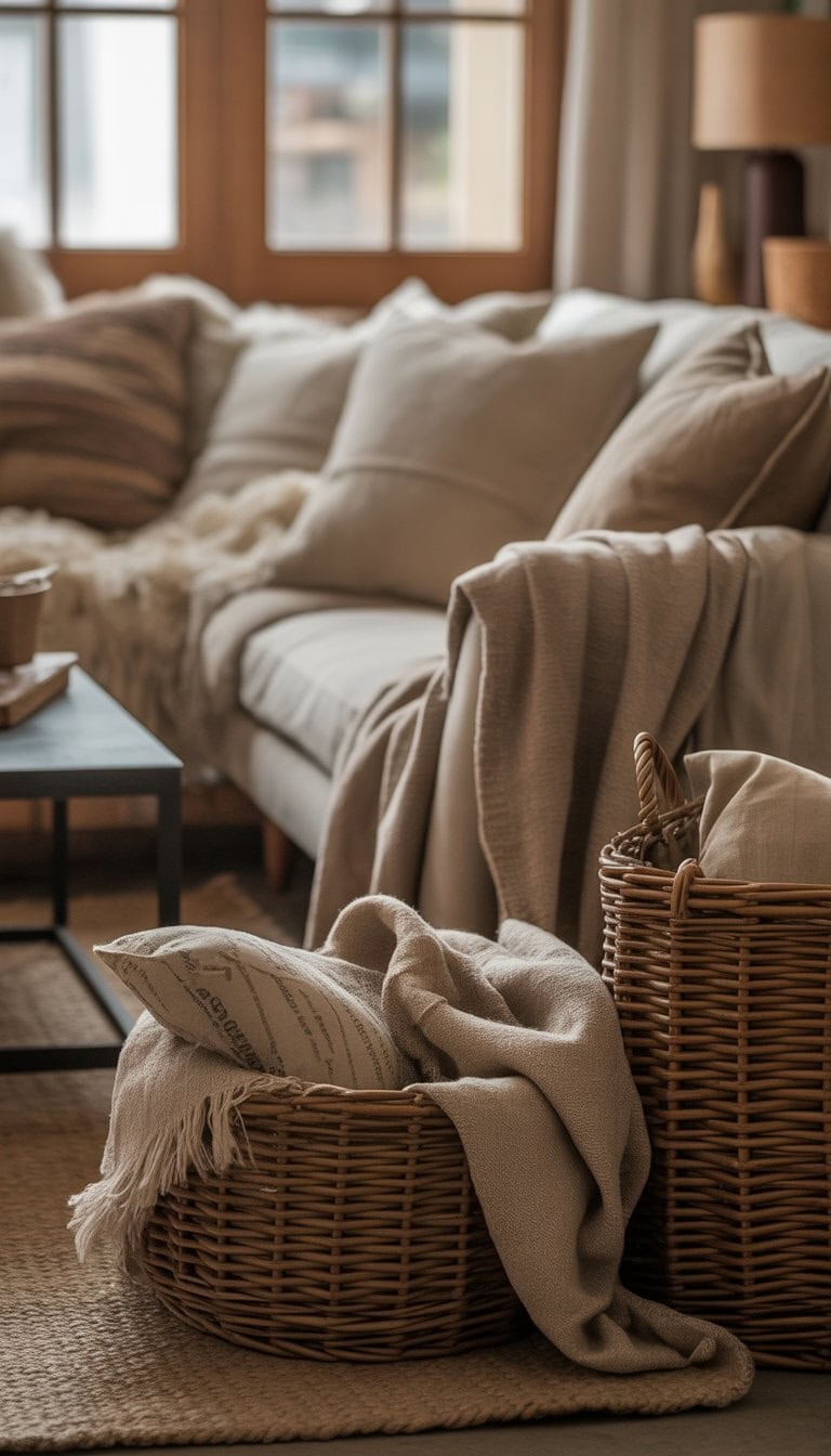 A warm living room with a sofa covered by a wool throw, linen cushions, and burlap baskets on the floor.